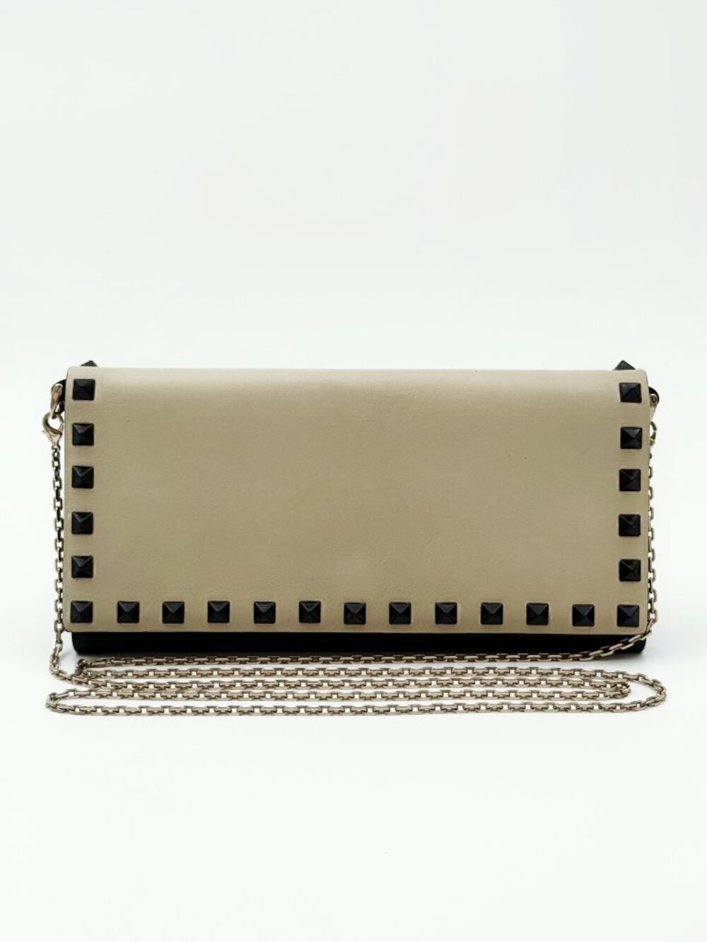 Valentino Rockstud Beige Leather Chain Wallet Shoulder Bag Clutch